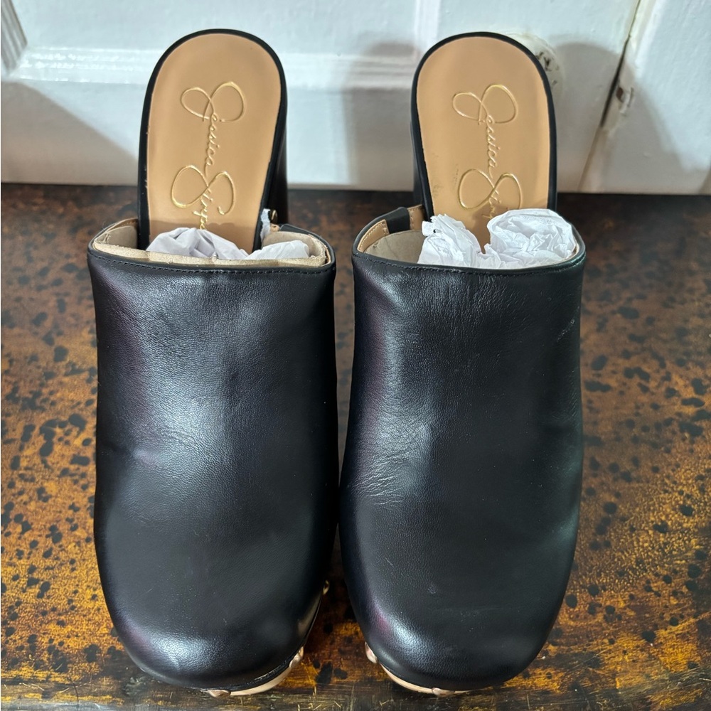 Jessica Simpson Black Leather Slip-On Mule Clogs